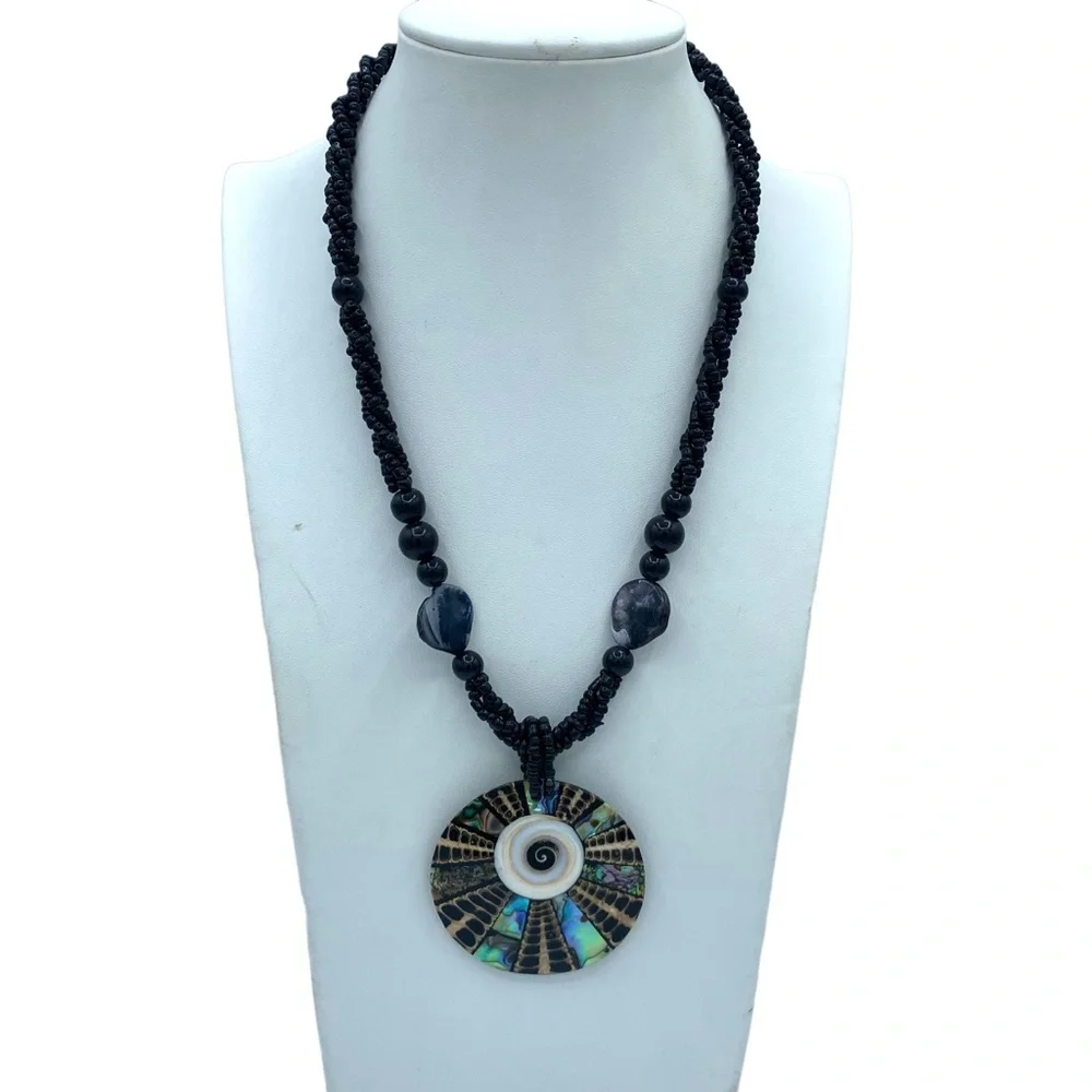 Vintage Abalone mosaic Shell and Seed Bead Necklace Black